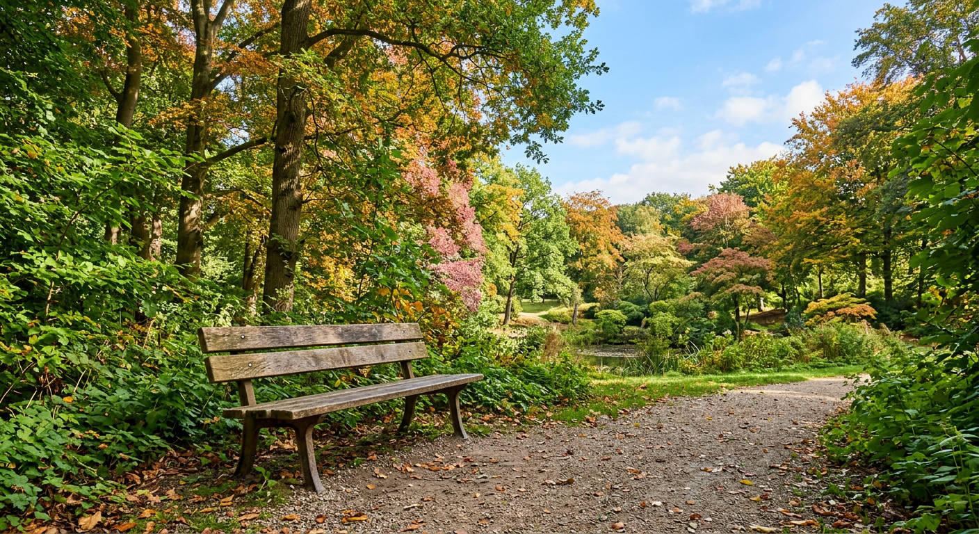 AI gegenereerde foto van een eenzame bank in een herfstpark op een heldere junidag
